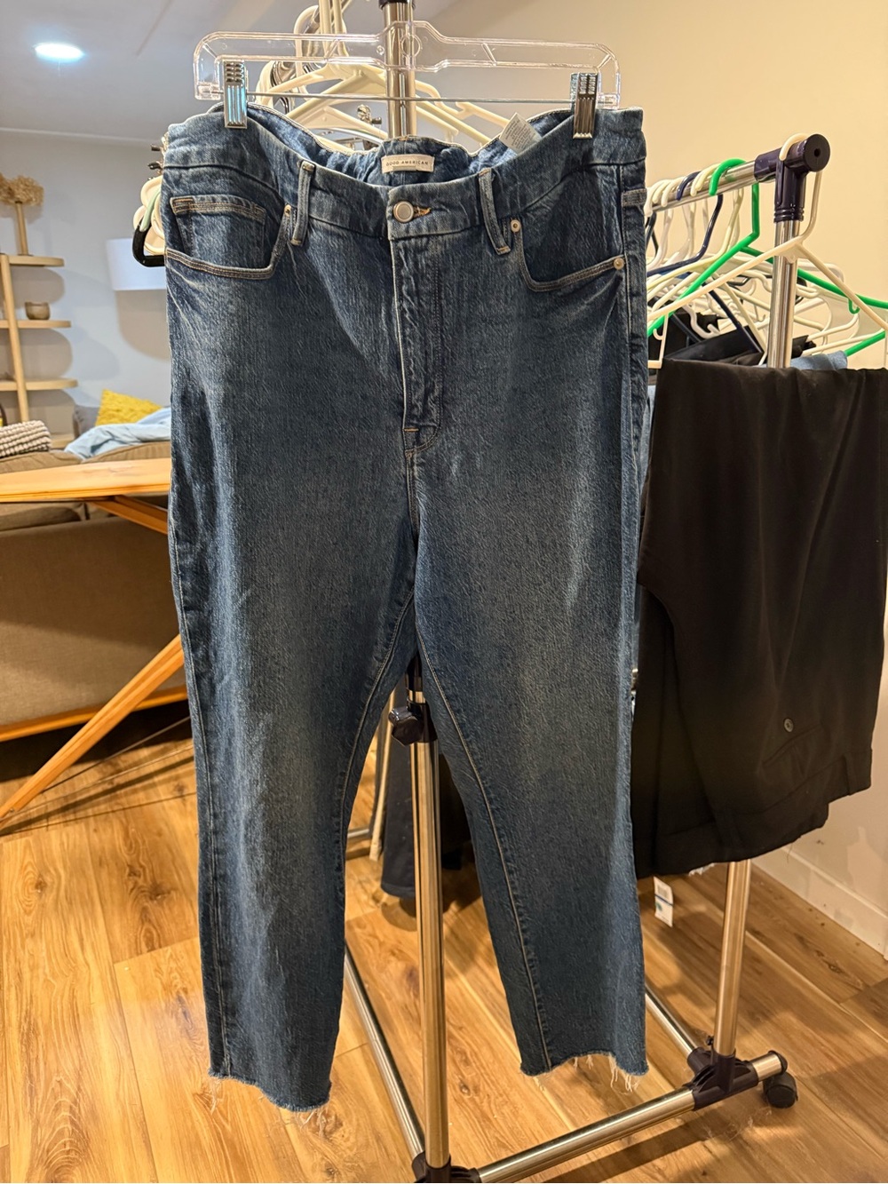 Good American Dark Blue Straight-Leg Jeans with raw hem